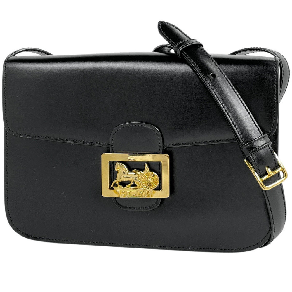Celine Carriage Shoulder Bag Logo Leather Black